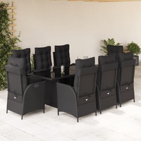  9 Piece Garden Dining Set with Cushions Black Poly Rattan
