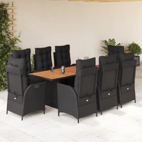  9 Piece Garden Dining Set with Cushions Black Poly Rattan