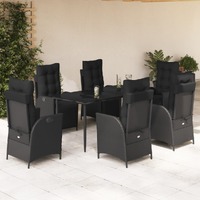  7 Piece Garden Dining Set with Cushions Black Poly Rattan