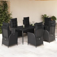  7 Piece Garden Dining Set with Cushions Black Poly Rattan