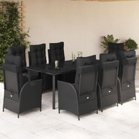  9 Piece Garden Dining Set with Cushions Black Poly Rattan