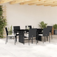 7 Piece Garden Dining Set with Cushions Black Poly Rattan