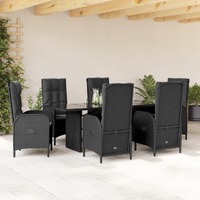 7 Piece Garden Dining Set with Cushions Black Poly Rattan