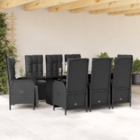  9 Piece Garden Dining Set with Cushions Black Poly Rattan