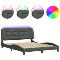  Bed Frame with LED without Mattress Dark Grey 152x203 cm Queen Fabric