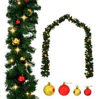 Christmas Garland with Baubles and LED Lights Green 10 m PVC