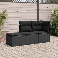  3 Piece Garden Sofa Set with Cushions Black Poly Rattan