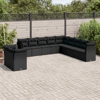  11 Piece Garden Sofa Set with Cushions Black Poly Rattan