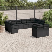  12 Piece Garden Sofa Set with Cushions Black Poly Rattan