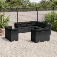  11 Piece Garden Sofa Set with Cushions Black Poly Rattan