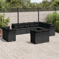  12 Piece Garden Sofa Set with Cushions Black Poly Rattan