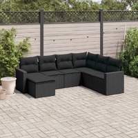  7 Piece Garden Sofa Set with Cushions Black Poly Rattan