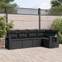  5 Piece Garden Sofa Set with Cushions Black Poly Rattan
