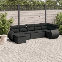  7 Piece Garden Sofa Set with Cushions Black Poly Rattan