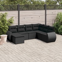  7 Piece Garden Sofa Set with Cushions Black Poly Rattan