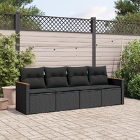  4 Piece Garden Sofa Set with Cushions Black Poly Rattan