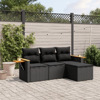  4 Piece Garden Sofa Set with Cushions Black Poly Rattan