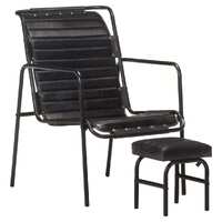  Relaxing Armchair with a Footrest Black Real Leather