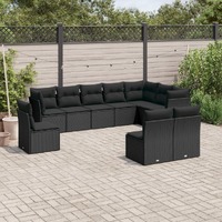  10 Piece Garden Sofa Set with Cushions Black Poly Rattan