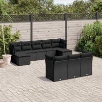  10 Piece Garden Sofa Set with Cushions Black Poly Rattan