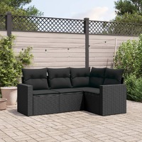 4 Piece Garden Sofa Set with Cushions Black Poly Rattan