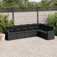  7 Piece Garden Sofa Set with Cushions Black Poly Rattan