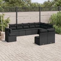  10 Piece Garden Sofa Set with Cushions Black Poly Rattan