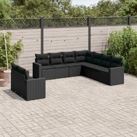  9 Piece Garden Sofa Set with Cushions Black Poly Rattan