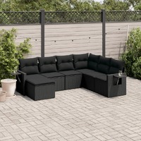  7 Piece Garden Sofa Set with Cushions Black Poly Rattan