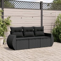 3 Piece Garden Sofa Set with Cushions Black Poly Rattan