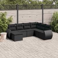  7 Piece Garden Sofa Set with Cushions Black Poly Rattan