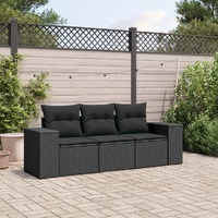  3 Piece Garden Sofa Set with Cushions Black Poly Rattan