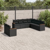  9 Piece Garden Sofa Set with Cushions Black Poly Rattan