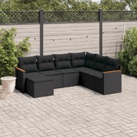  7 Piece Garden Sofa Set with Cushions Black Poly Rattan