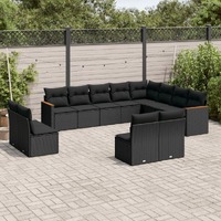  12 Piece Garden Sofa Set with Cushions Black Poly Rattan