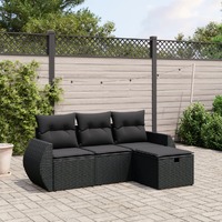  4 Piece Garden Sofa Set with Cushions Black Poly Rattan