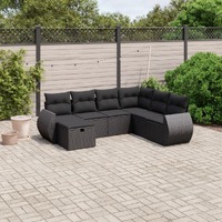  7 Piece Garden Sofa Set with Cushions Black Poly Rattan
