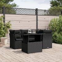  5 Piece Garden Sofa Set with Cushions Black Poly Rattan