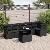  7 Piece Garden Sofa Set with Cushions Black Poly Rattan