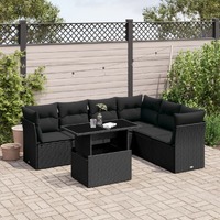  7 Piece Garden Sofa Set with Cushions Black Poly Rattan