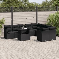  10 Piece Garden Sofa Set with Cushions Black Poly Rattan