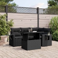  5 Piece Garden Sofa Set with Cushions Black Poly Rattan