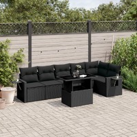  7 Piece Garden Sofa Set with Cushions Black Poly Rattan