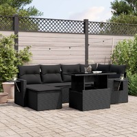  7 Piece Garden Sofa Set with Cushions Black Poly Rattan