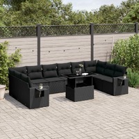  11 Piece Garden Sofa Set with Cushions Black Poly Rattan