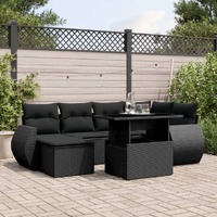  7 Piece Garden Sofa Set with Cushions Black Poly Rattan