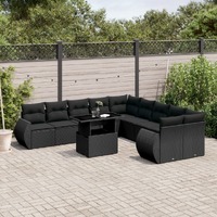  11 Piece Garden Sofa Set with Cushions Black Poly Rattan