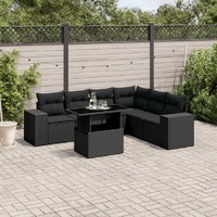  7 Piece Garden Sofa Set with Cushions Black Poly Rattan
