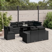  9 Piece Garden Sofa Set with Cushions Black Poly Rattan