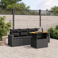  5 Piece Garden Sofa Set with Cushions Black Poly Rattan